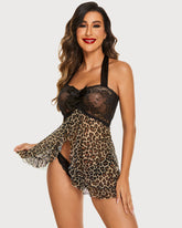 Leopard Open Front Halter Lace Babydolls